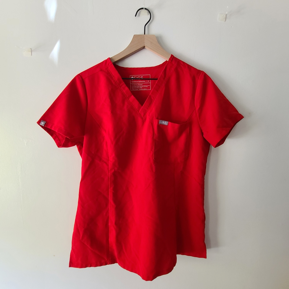 FIGS Women's Pop Red Slim Catarina™ - One-Pocket Scrub Top & High Waisted Pant M